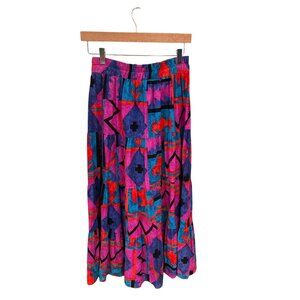 Vintage 90s Moonlighting Cotton Geometric Print Maxi Skirt Elastic Waist Colorfu